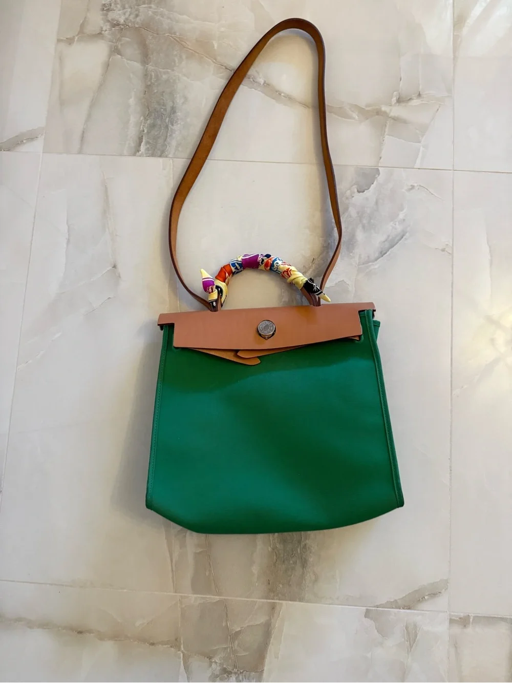 HERMES HER BAG GREEN WITH BROWN